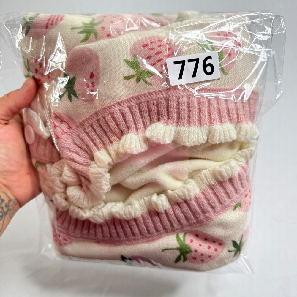 Womens Strawberry Print Ruffle Trim Knit Cardigan Pink Cream V-Neck Button Up - Picture 11 of 11